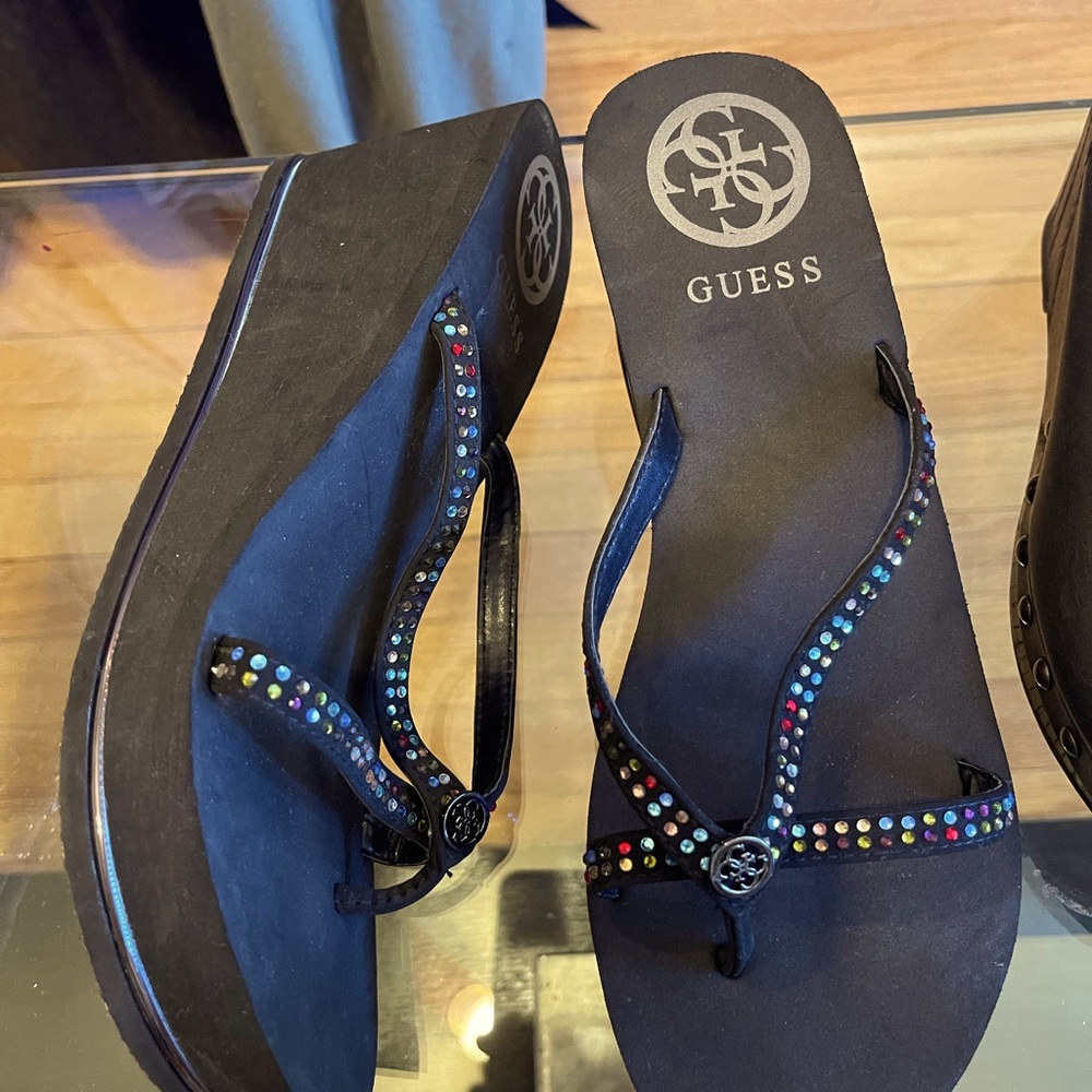 Guess Colorful Rhinestone Wedge Flip Flop